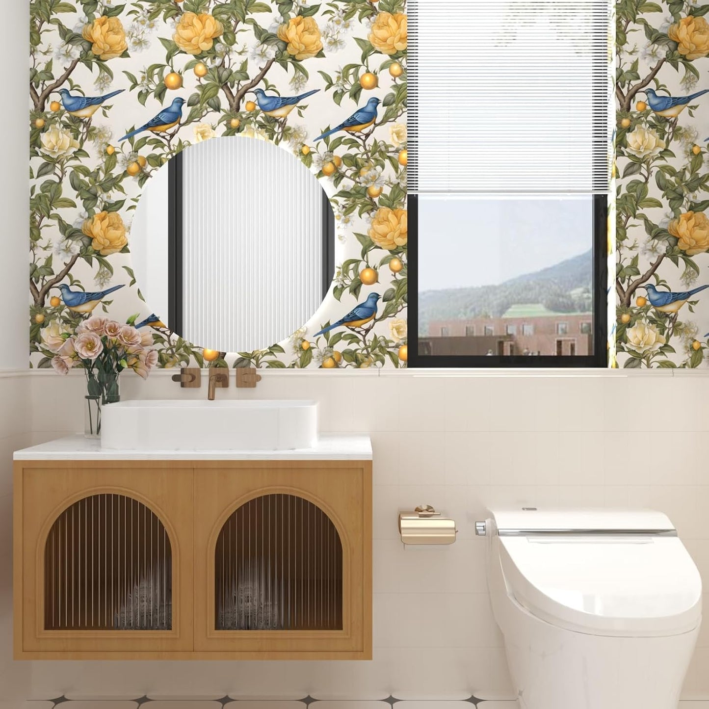 Yellow Vintage Lemon Bird Peel and Stick Wallpaper 17.5" x 118" | Waterproof Vinyl Self Adhesive Removable Renter Friendly Floral Contact Paper