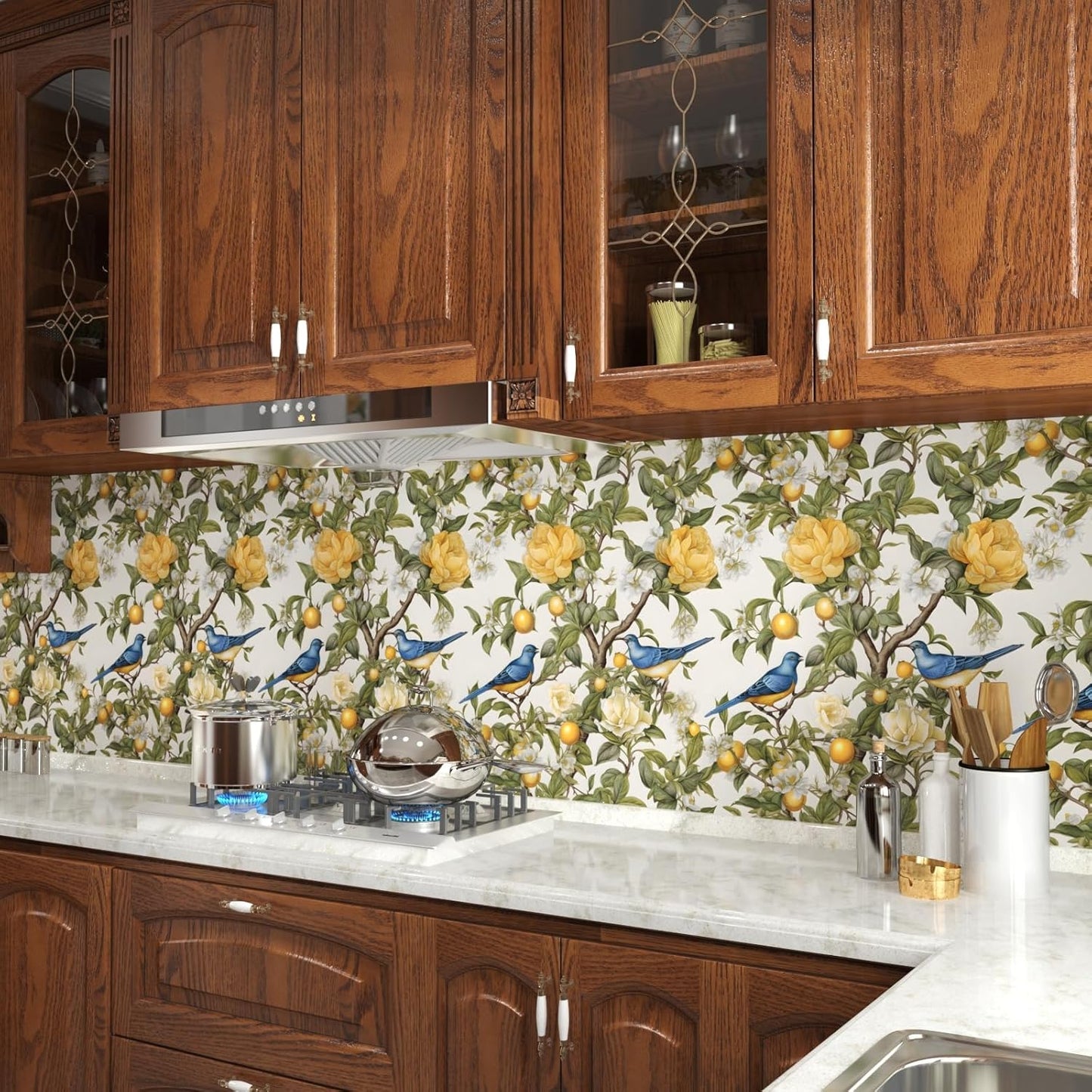 Yellow Vintage Lemon Bird Peel and Stick Wallpaper 17.5" x 118" | Waterproof Vinyl Self Adhesive Removable Renter Friendly Floral Contact Paper