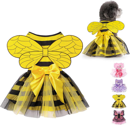 Dog Dress with Non-Woven Tulle Wings,Cute Princess Tutu Skirt for Small Medium Large Dogs,Soft Breathable Bowknot Puppy Clothes Dresses,Pet Outfit for Party Summer Daily Wear,Yellow Bees M