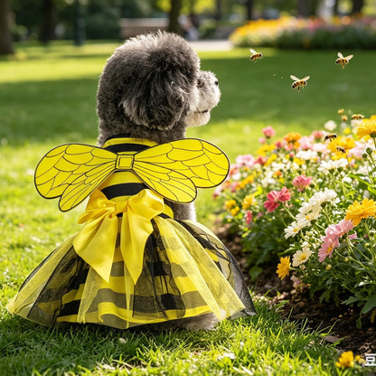 Dog Dress with Non-Woven Tulle Wings,Cute Princess Tutu Skirt for Small Medium Large Dogs,Soft Breathable Bowknot Puppy Clothes Dresses,Pet Outfit for Party Summer Daily Wear,Yellow Bees M