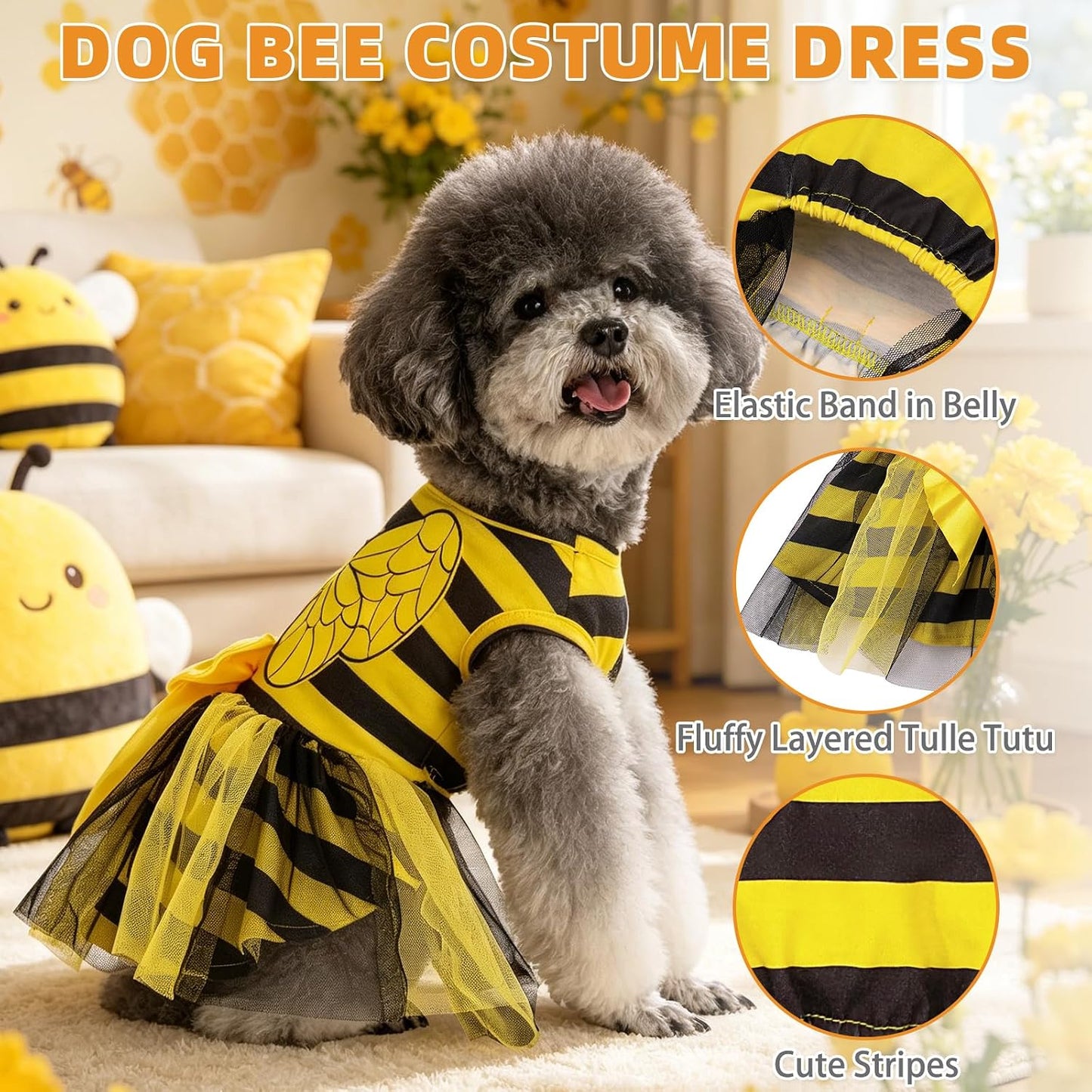 Dog Dress with Non-Woven Tulle Wings,Cute Princess Tutu Skirt for Small Medium Large Dogs,Soft Breathable Bowknot Puppy Clothes Dresses,Pet Outfit for Party Summer Daily Wear,Yellow Bees M