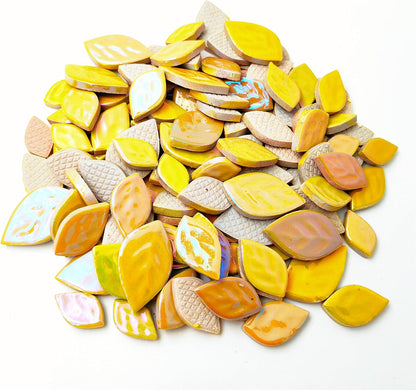 1.1LB Random Iridescent Leaves Ceramics Mosaic Tiles, Making Creative 3 Size Ceramic Mosaic Pieces for DIY Craft,Flowerpots, Vases, Cups, Garden Decor Mosaic Making Supplies (Yellow)