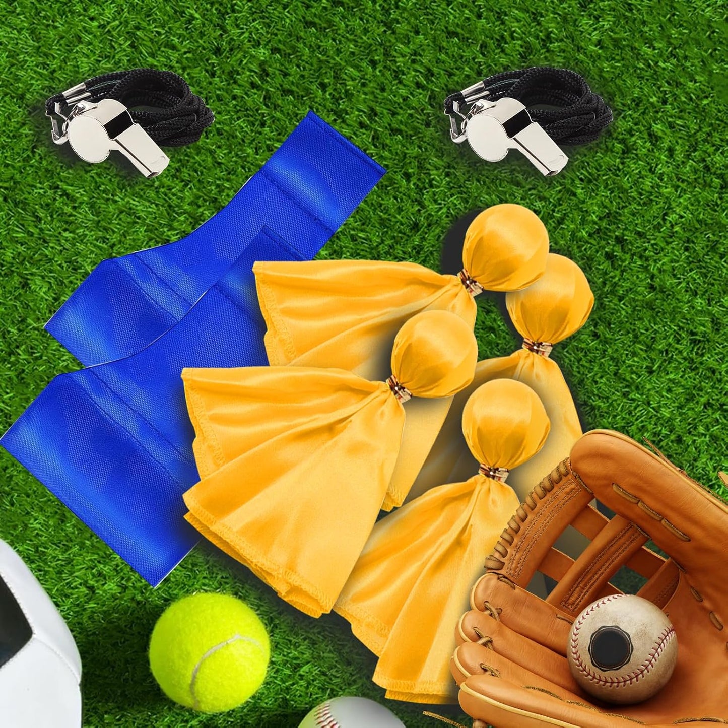 VKT 8Pcs Football Referee Accessories Set 1 Throw Down Single Bean Bag 2 Yellow Penalty Flags 1 Stainless Steel Whistle for Soccer Ref Umpire Coaches Halloween