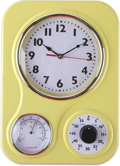 9 Inch x 12.5 Inch - Retro Kitchen Wall Clock, Vintage Wall Clock with a Thermometer and 60-Minute Timer, Ideal for Any Kitchen, Office, or Diner (Yellow)