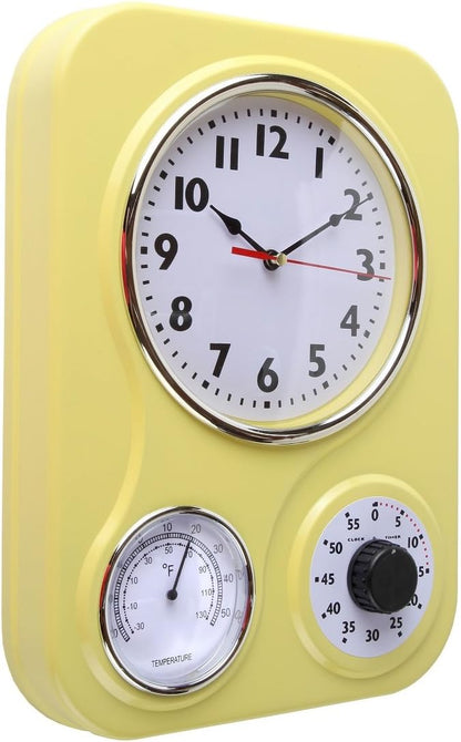 9 Inch x 12.5 Inch - Retro Kitchen Wall Clock, Vintage Wall Clock with a Thermometer and 60-Minute Timer, Ideal for Any Kitchen, Office, or Diner (Yellow)