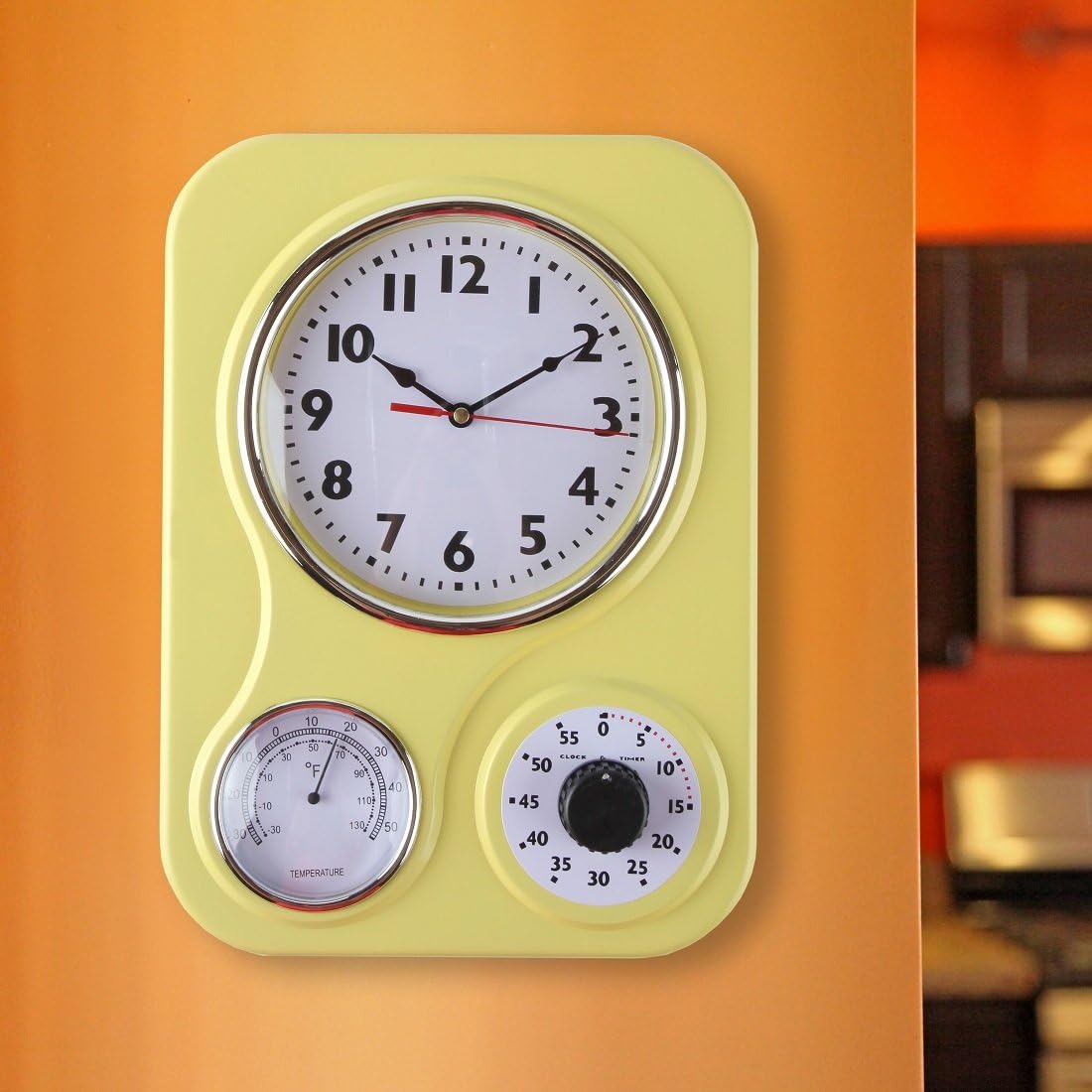 9 Inch x 12.5 Inch - Retro Kitchen Wall Clock, Vintage Wall Clock with a Thermometer and 60-Minute Timer, Ideal for Any Kitchen, Office, or Diner (Yellow)