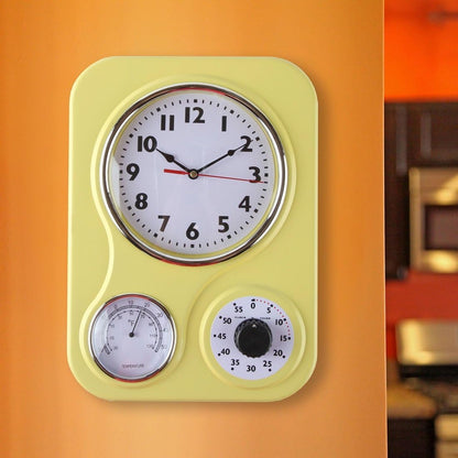 9 Inch x 12.5 Inch - Retro Kitchen Wall Clock, Vintage Wall Clock with a Thermometer and 60-Minute Timer, Ideal for Any Kitchen, Office, or Diner (Yellow)
