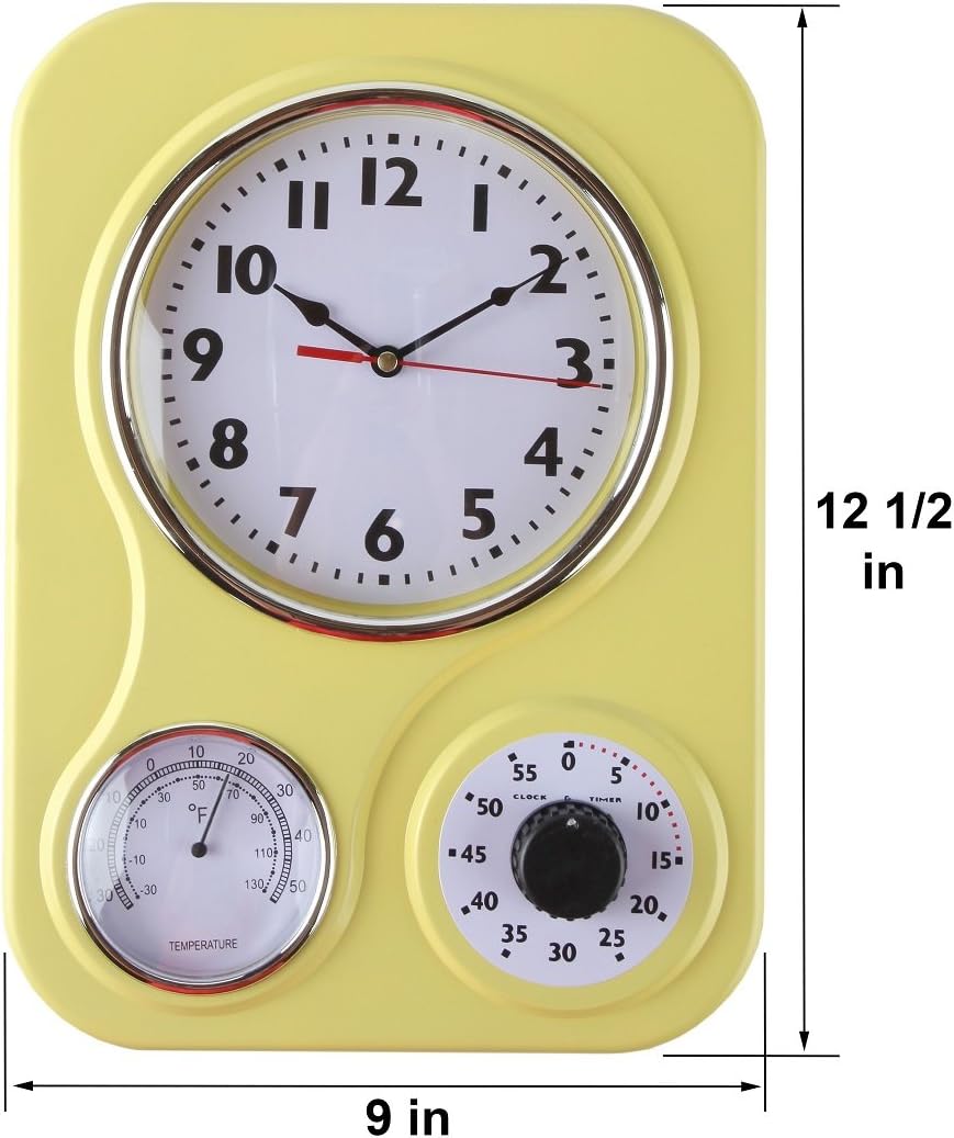9 Inch x 12.5 Inch - Retro Kitchen Wall Clock, Vintage Wall Clock with a Thermometer and 60-Minute Timer, Ideal for Any Kitchen, Office, or Diner (Yellow)