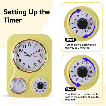 9 Inch x 12.5 Inch - Retro Kitchen Wall Clock, Vintage Wall Clock with a Thermometer and 60-Minute Timer, Ideal for Any Kitchen, Office, or Diner (Yellow)