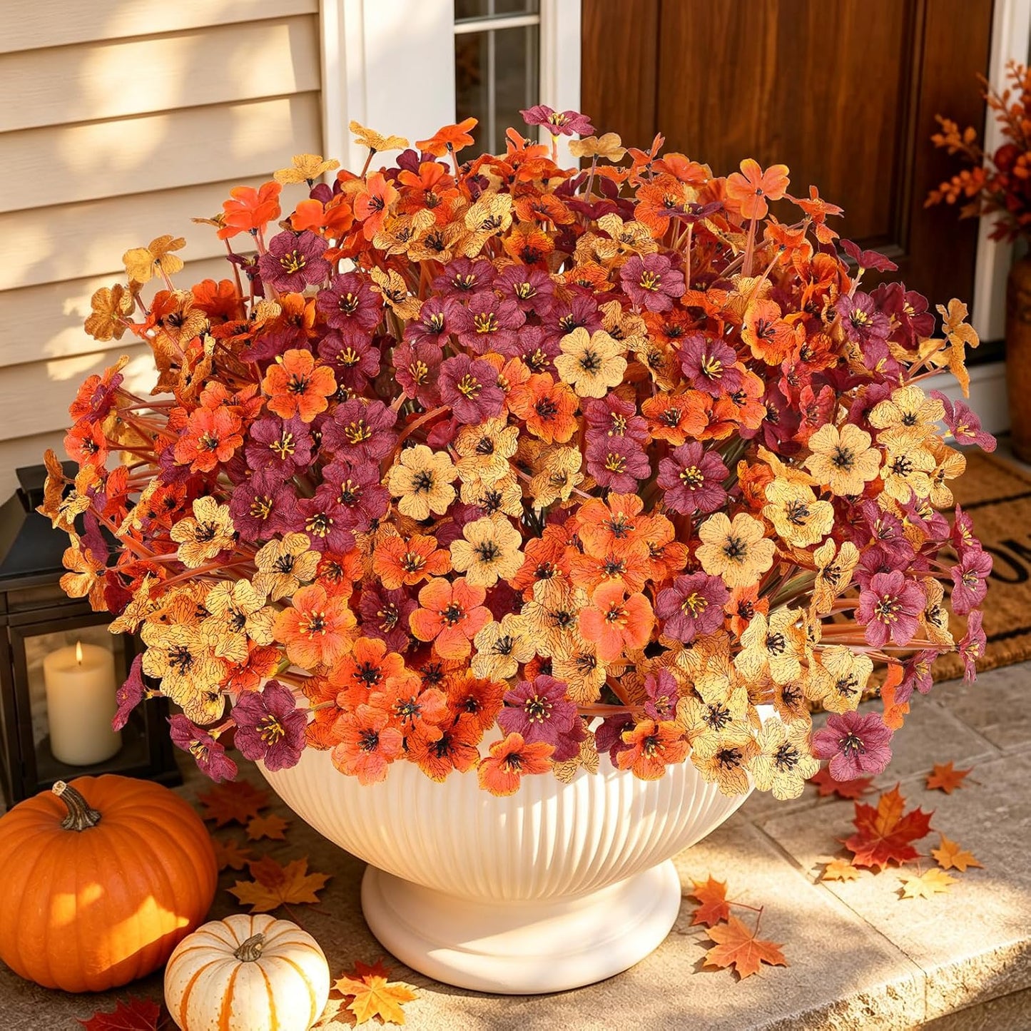 20 PCS Artificial Fall Flowers for Outdoors, Orange Fake Mums | Fall Decor, Farmhouse & Thanksgiving; No Fade Patio Porch Garden Window Box, Hanging Flowers & Planter Baskets