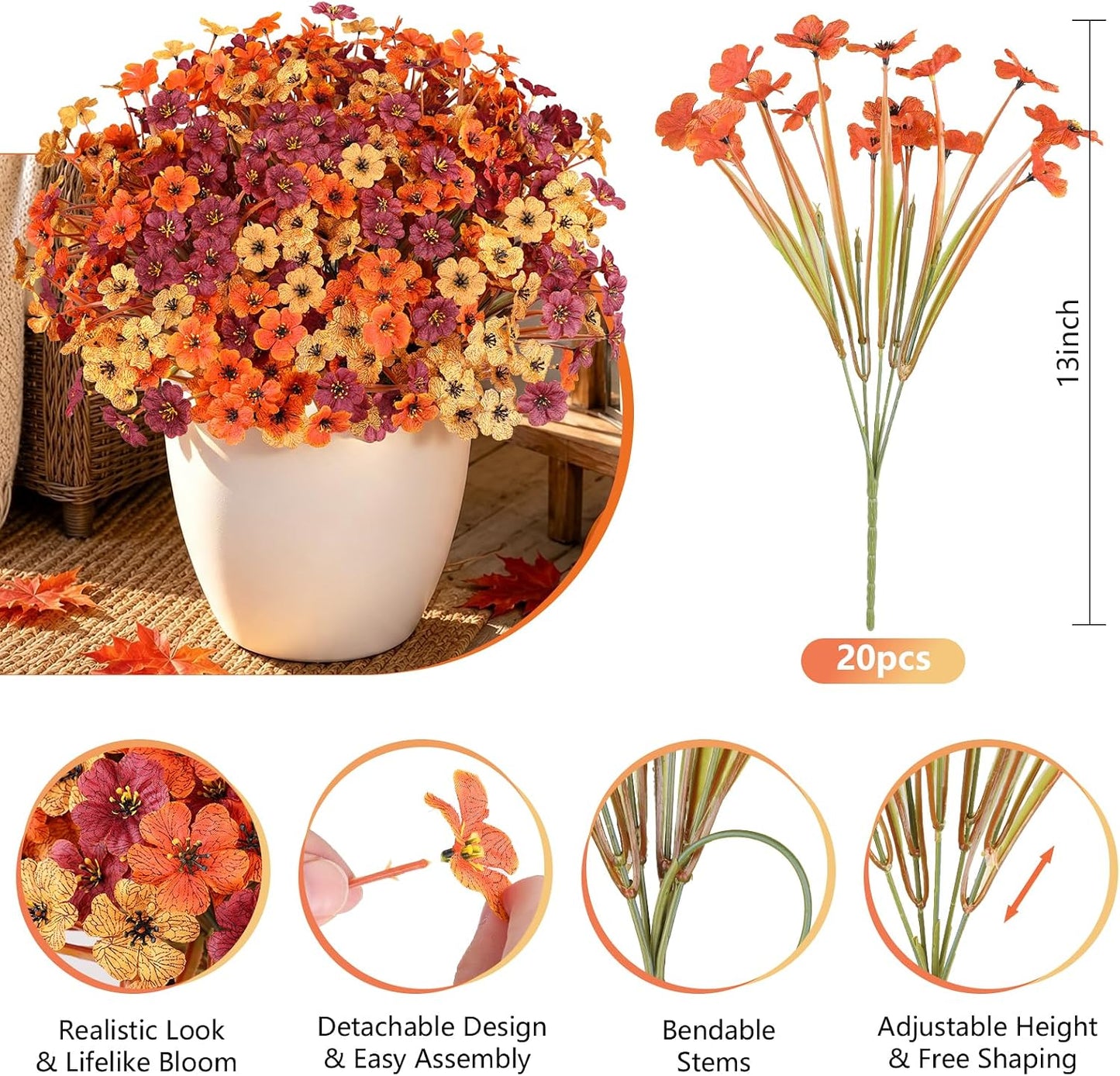 20 PCS Artificial Fall Flowers for Outdoors, Orange Fake Mums | Fall Decor, Farmhouse & Thanksgiving; No Fade Patio Porch Garden Window Box, Hanging Flowers & Planter Baskets