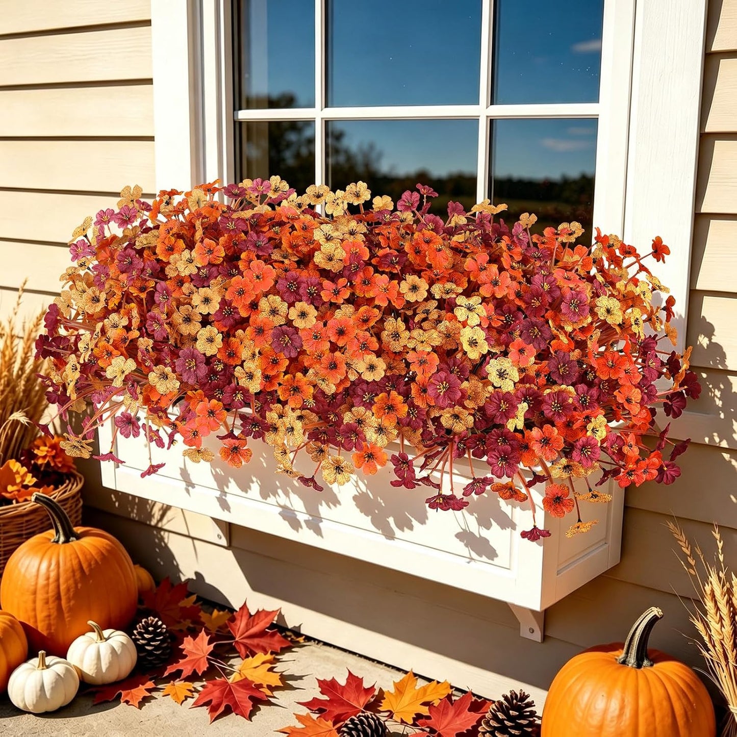 20 PCS Artificial Fall Flowers for Outdoors, Orange Fake Mums | Fall Decor, Farmhouse & Thanksgiving; No Fade Patio Porch Garden Window Box, Hanging Flowers & Planter Baskets