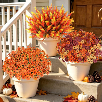 20 PCS Artificial Fall Flowers for Outdoors, Orange Fake Mums | Fall Decor, Farmhouse & Thanksgiving; No Fade Patio Porch Garden Window Box, Hanging Flowers & Planter Baskets