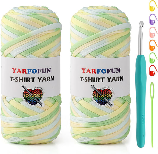 2 Pack Tshirt Yarn for Crochet,Rainbow T Shirt Soft Elastic Fabric Chunky Thick T-Shirt Crochet Yarn for Crocheting Knitting Beginner Hand Knitting Bag/DIY Craft/Home Decor 2 * 200G-Green Yellow