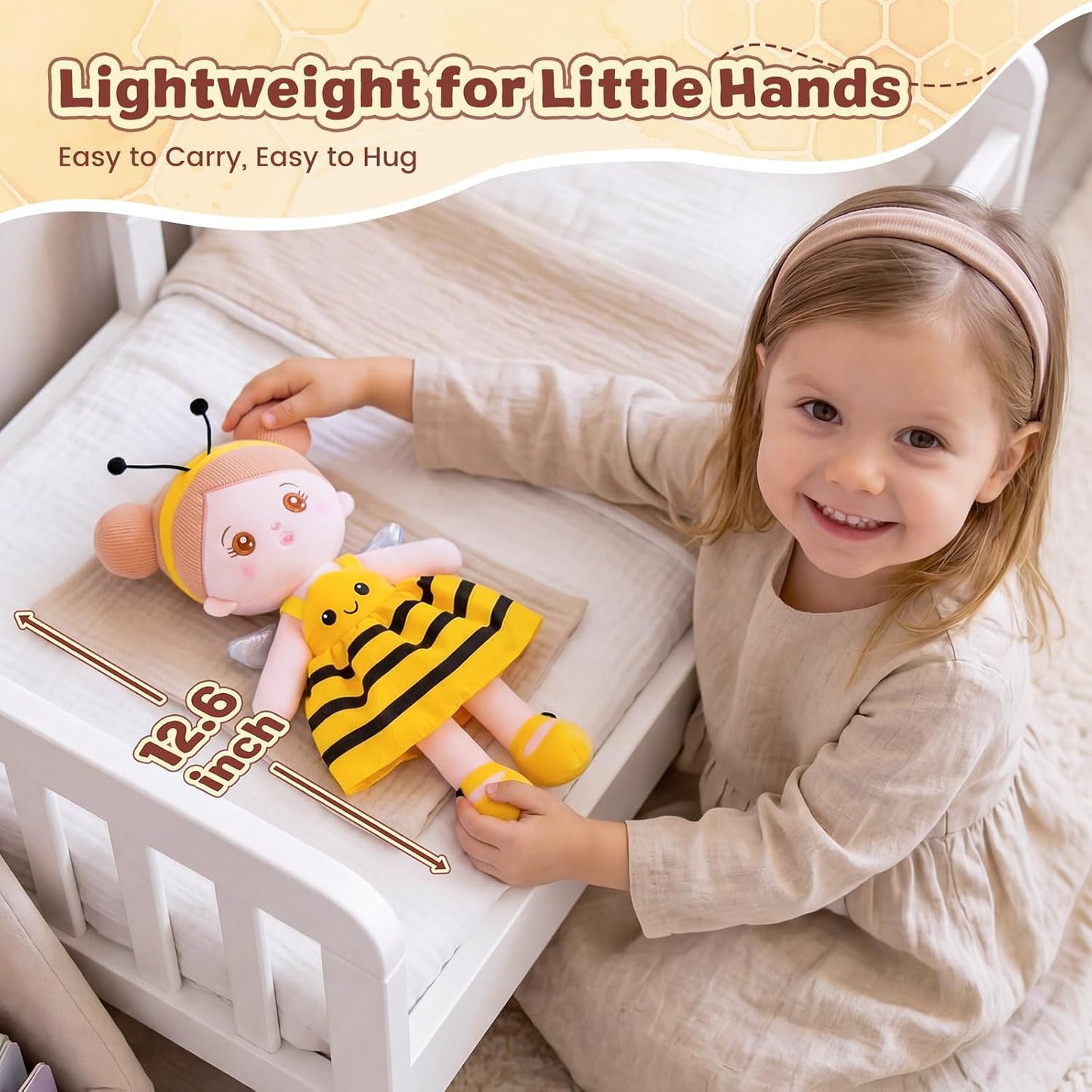 Soft Plush Baby Doll 12.6 Inch, Yellow Bee Dress Snuggle Buddy | First Birthday Toy & Gifts for 1 Year Old Girls, Ideal 1 Year Old Girl Gifts Cuddly Companion for Infants & Toddlers