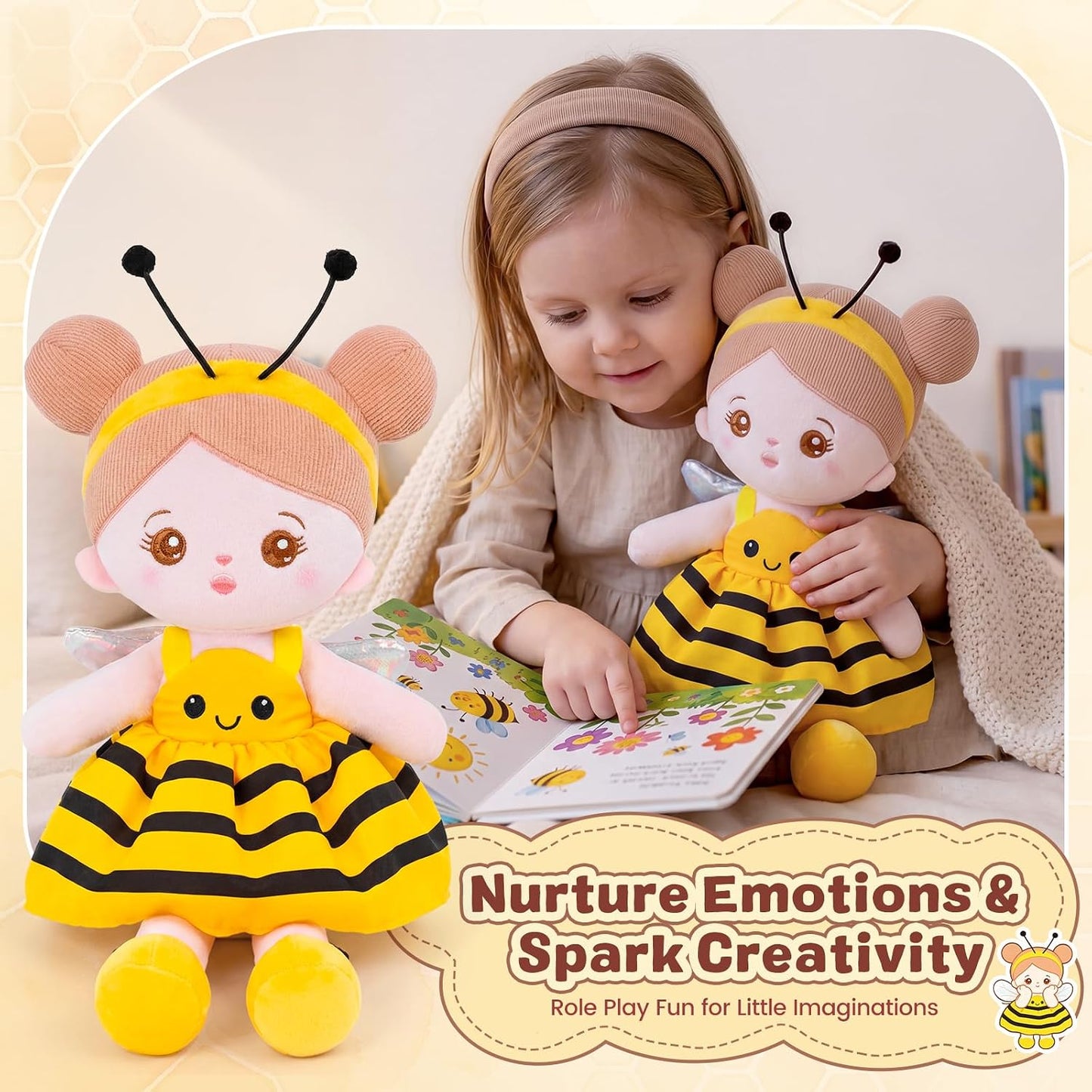 Soft Plush Baby Doll 12.6 Inch, Yellow Bee Dress Snuggle Buddy | First Birthday Toy & Gifts for 1 Year Old Girls, Ideal 1 Year Old Girl Gifts Cuddly Companion for Infants & Toddlers