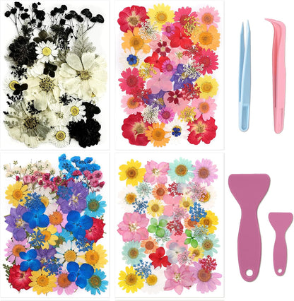 Tessera 160+ Pcs Real Pressed Flowers for Resin & Crafts - 4 Themed Dried Flower Sheets with 4-Piece DIY Tool Kit - for Resin Jewelry Making, Scrapbooking Supplies, Nail Art, Candle & DIY Gifts