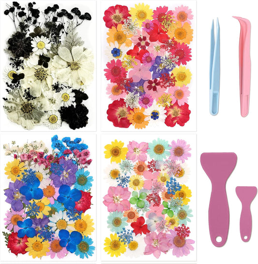 Tessera 160+ Pcs Real Pressed Flowers for Resin & Crafts - 4 Themed Dried Flower Sheets with 4-Piece DIY Tool Kit - for Resin Jewelry Making, Scrapbooking Supplies, Nail Art, Candle & DIY Gifts