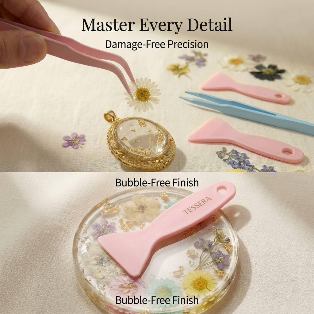 Tessera 160+ Pcs Real Pressed Flowers for Resin & Crafts - 4 Themed Dried Flower Sheets with 4-Piece DIY Tool Kit - for Resin Jewelry Making, Scrapbooking Supplies, Nail Art, Candle & DIY Gifts