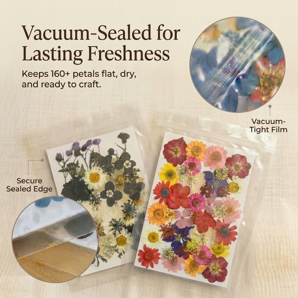 Tessera 160+ Pcs Real Pressed Flowers for Resin & Crafts - 4 Themed Dried Flower Sheets with 4-Piece DIY Tool Kit - for Resin Jewelry Making, Scrapbooking Supplies, Nail Art, Candle & DIY Gifts