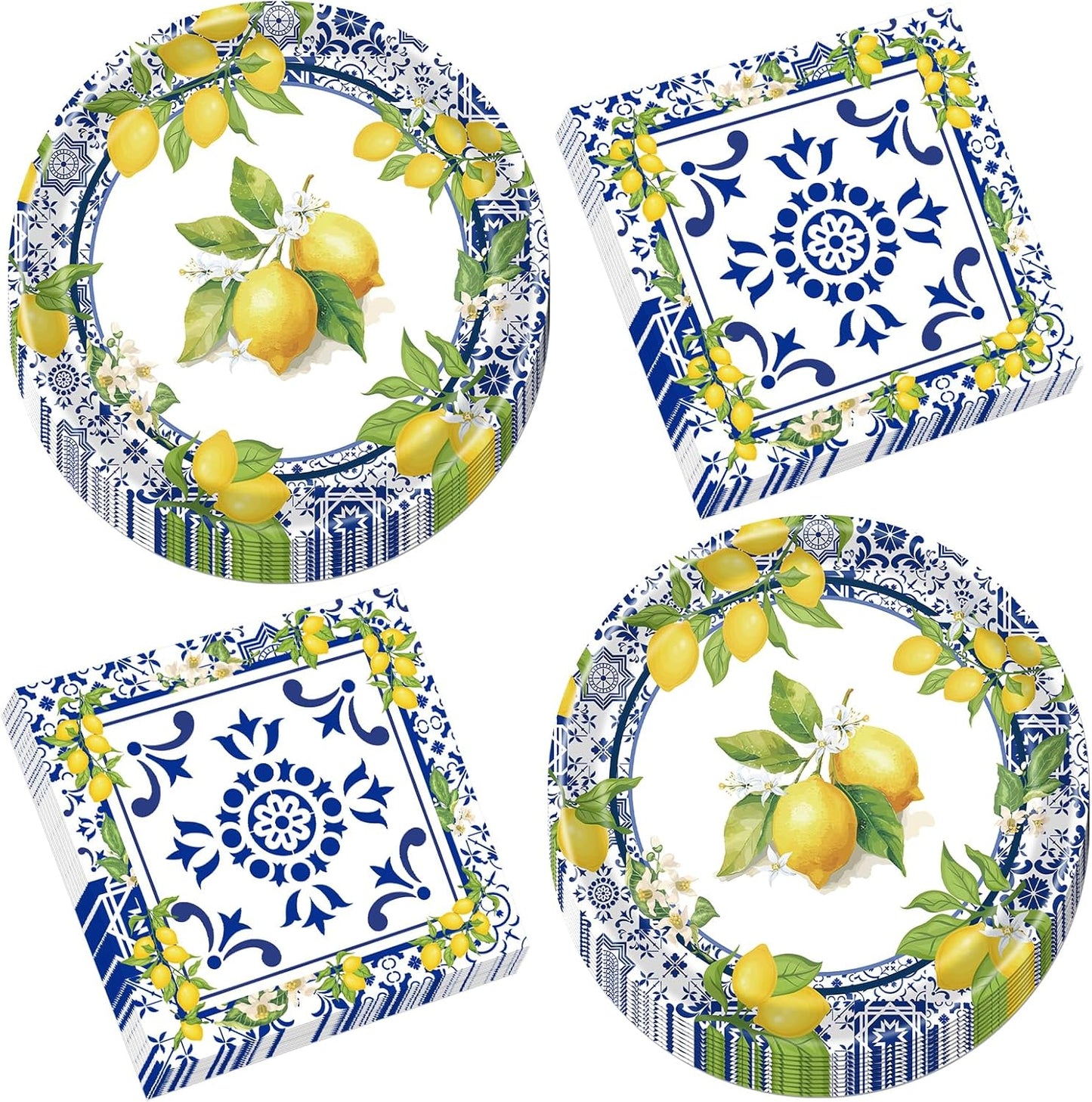 Lemon Plates Napkins Decorations - 50 Pcs Blue Tiles Yellow Lemon Paper and Plates Party Decorations, Disposable Summer Fruit Set Supplies for Wedding Birthday Baby Shower Serves 25