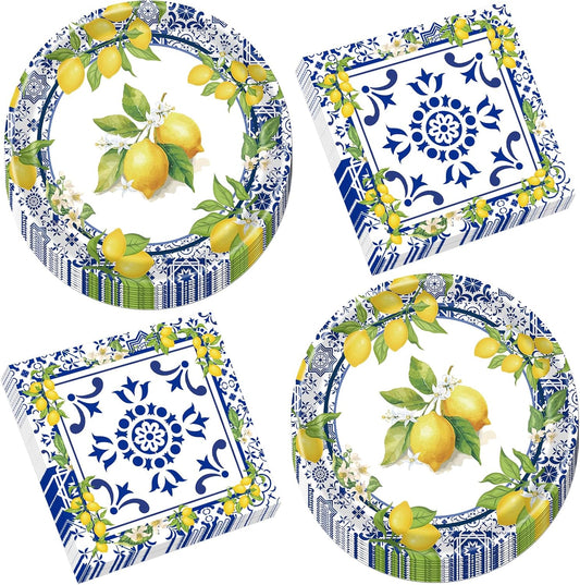 Lemon Plates Napkins Decorations - 50 Pcs Blue Tiles Yellow Lemon Paper and Plates Party Decorations, Disposable Summer Fruit Set Supplies for Wedding Birthday Baby Shower Serves 25