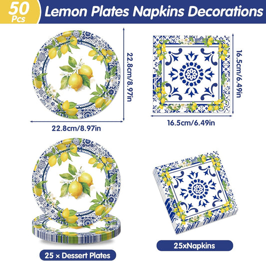 Lemon Plates Napkins Decorations - 50 Pcs Blue Tiles Yellow Lemon Paper and Plates Party Decorations, Disposable Summer Fruit Set Supplies for Wedding Birthday Baby Shower Serves 25