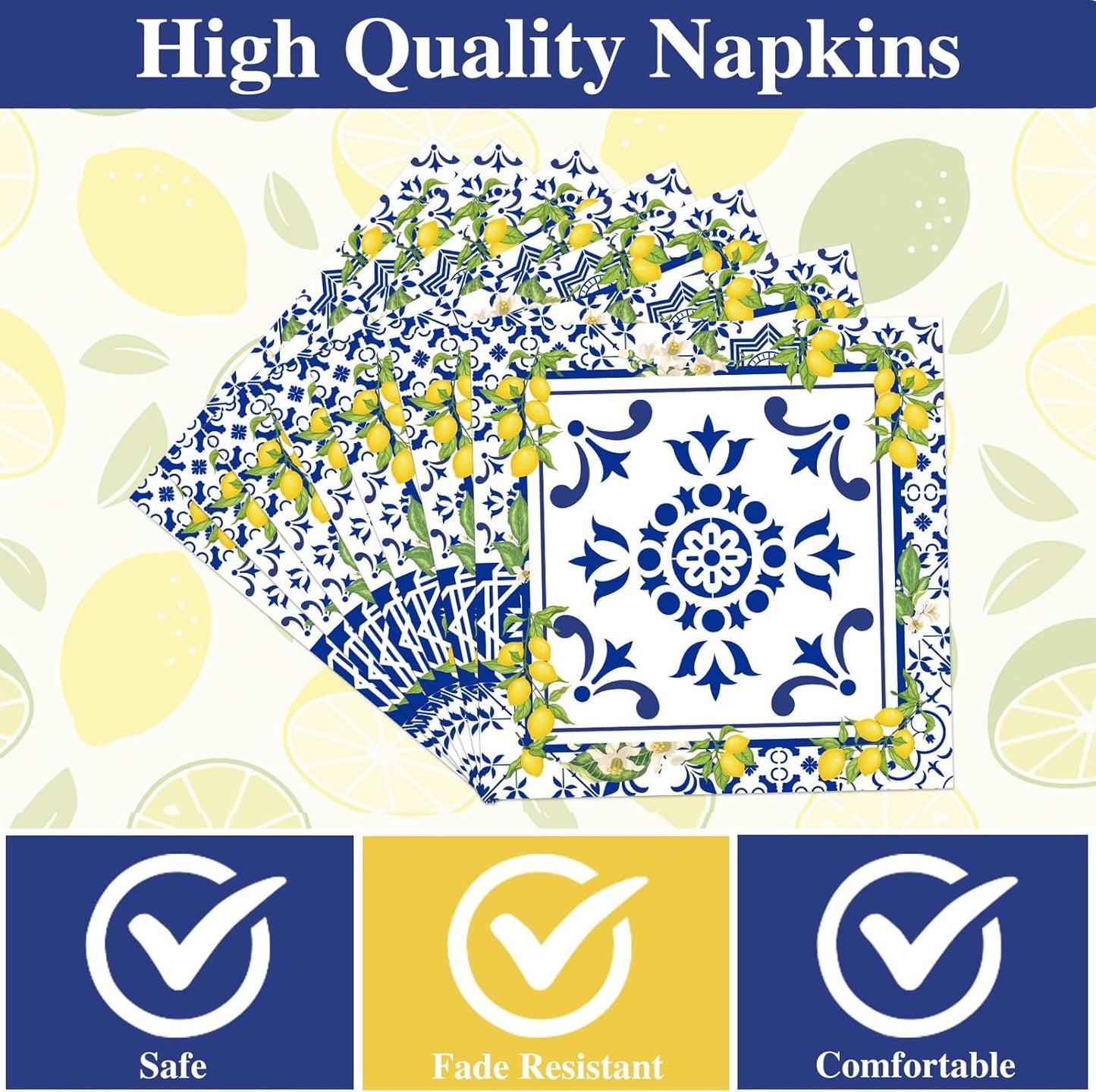 Lemon Plates Napkins Decorations - 50 Pcs Blue Tiles Yellow Lemon Paper and Plates Party Decorations, Disposable Summer Fruit Set Supplies for Wedding Birthday Baby Shower Serves 25
