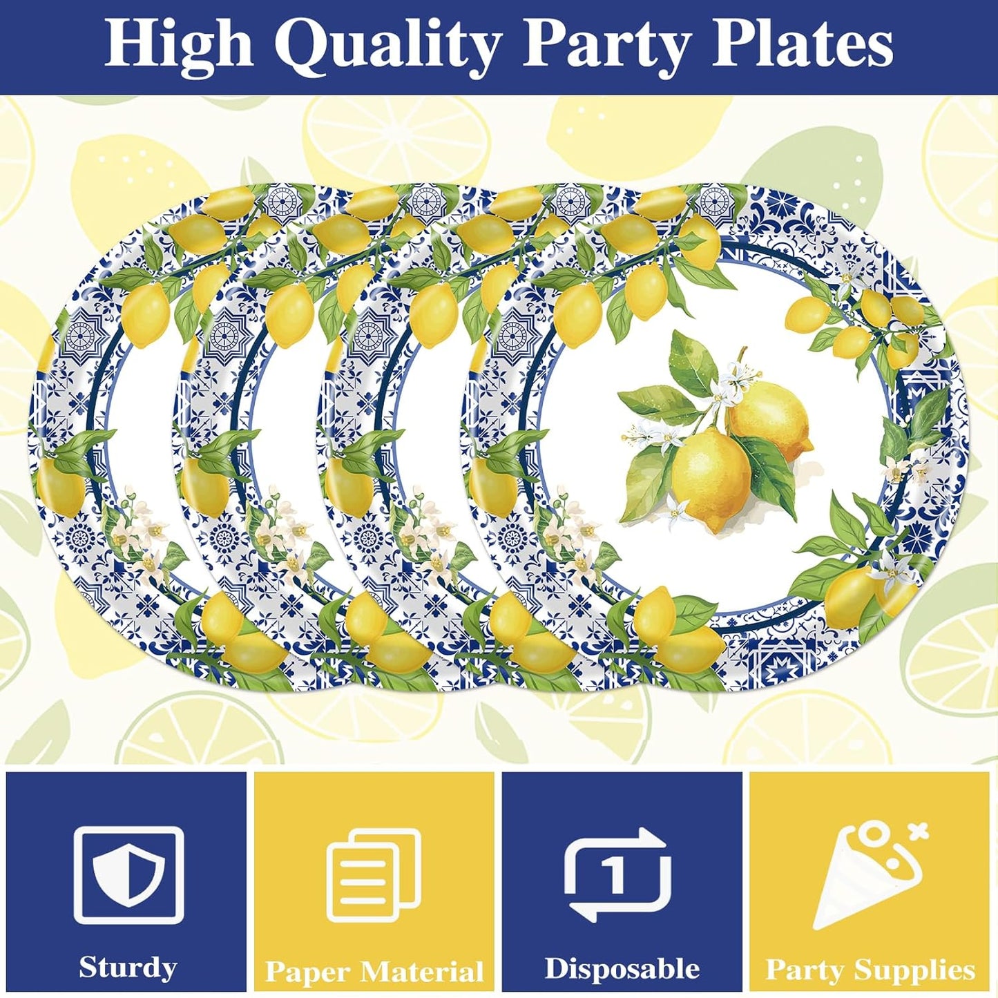 Lemon Plates Napkins Decorations - 50 Pcs Blue Tiles Yellow Lemon Paper and Plates Party Decorations, Disposable Summer Fruit Set Supplies for Wedding Birthday Baby Shower Serves 25