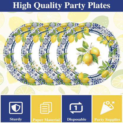 Lemon Plates Napkins Decorations - 50 Pcs Blue Tiles Yellow Lemon Paper and Plates Party Decorations, Disposable Summer Fruit Set Supplies for Wedding Birthday Baby Shower Serves 25