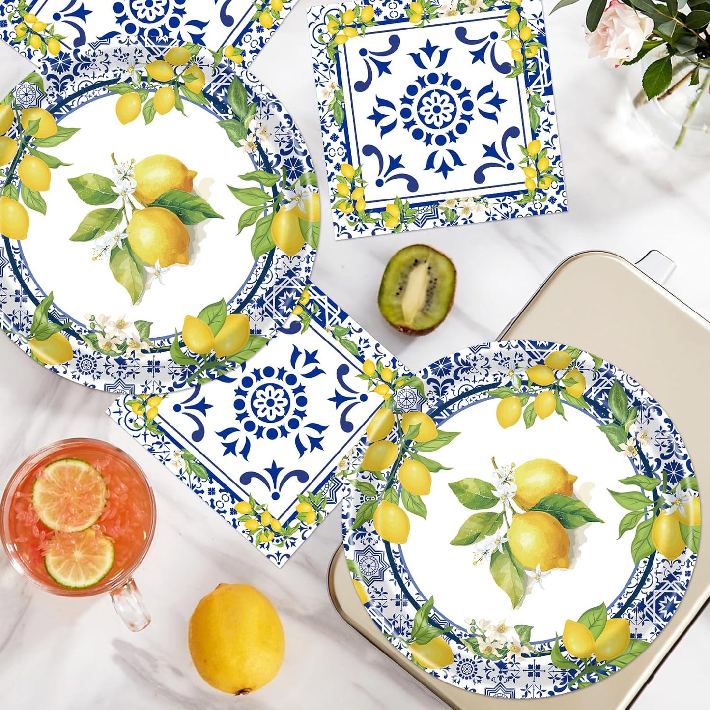 Lemon Plates Napkins Decorations - 50 Pcs Blue Tiles Yellow Lemon Paper and Plates Party Decorations, Disposable Summer Fruit Set Supplies for Wedding Birthday Baby Shower Serves 25