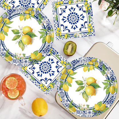 Lemon Plates Napkins Decorations - 50 Pcs Blue Tiles Yellow Lemon Paper and Plates Party Decorations, Disposable Summer Fruit Set Supplies for Wedding Birthday Baby Shower Serves 25