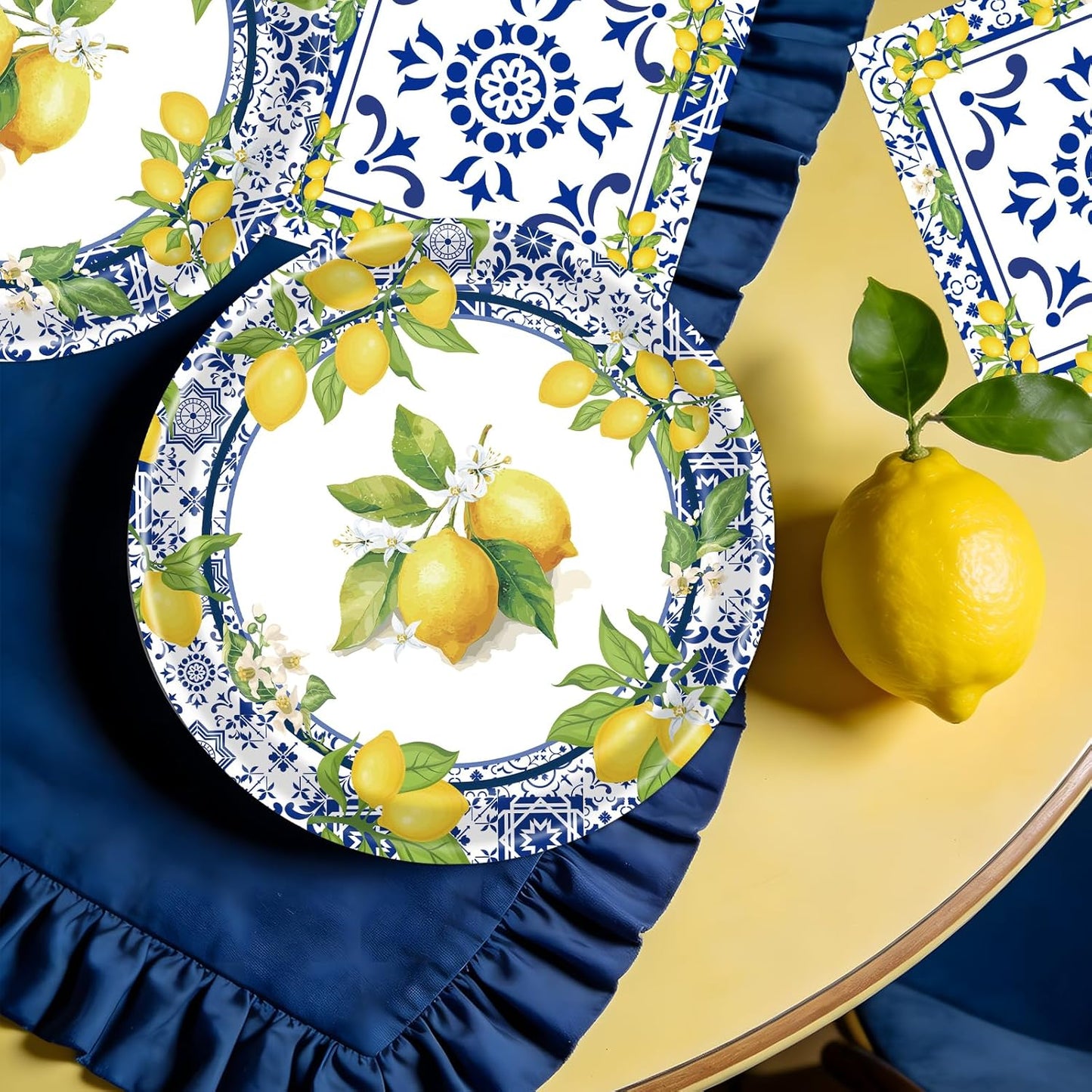 Lemon Plates Napkins Decorations - 50 Pcs Blue Tiles Yellow Lemon Paper and Plates Party Decorations, Disposable Summer Fruit Set Supplies for Wedding Birthday Baby Shower Serves 25