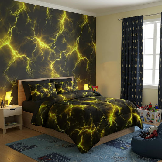 QOOMO Yellow Lightning 7 Pieces Comforter Set Queen Size,Lightning Bedding Set for Kids-Include 1 Comforter,1 Fitted Sheet,1 Flat Sheet,2 Printing Pillowcases and 2 Black Pillowcases