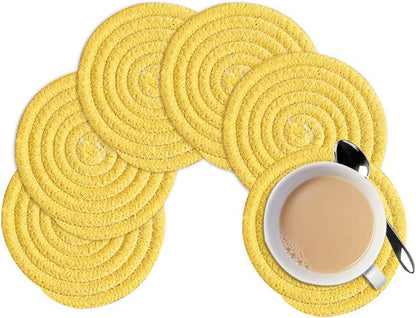 Gracelife 6pcs Cup Mat Pure Cotton Thread Weave Round Drink Hot Pads Mats Set Absorbent Scald-proof Drink Coasters (yellow)