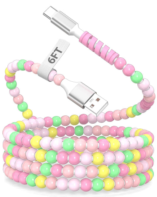 6ft USB A to USB C Cable Beaded Charger for Apple CarPlay Car Play | Pink Yellow Cute Beads Tangle-Free Cord for iPhone 17 17e 16 15/Galaxy S26 S25 Android Phone Type C Charging Wire Women Girls