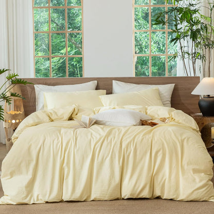 Striped Duvet Cover Set 100% Washed Cotton Linen Like Queen | Relaxed Linen-like Texture. Soft, Breathable & Long-lasting Comfort. Lightweight. Hidden Zipper with 8 Interior Corner Ties