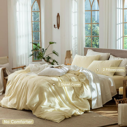 Striped Duvet Cover Set 100% Washed Cotton Linen Like Queen | Relaxed Linen-like Texture. Soft, Breathable & Long-lasting Comfort. Lightweight. Hidden Zipper with 8 Interior Corner Ties