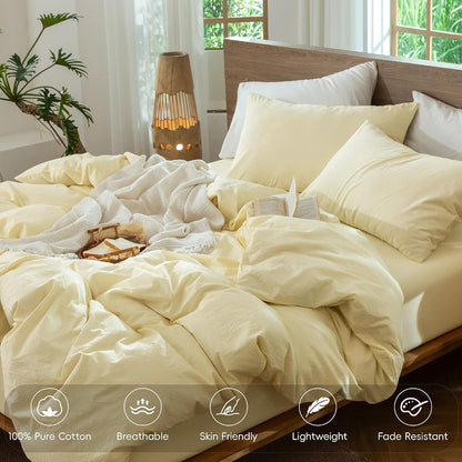 Striped Duvet Cover Set 100% Washed Cotton Linen Like Queen | Relaxed Linen-like Texture. Soft, Breathable & Long-lasting Comfort. Lightweight. Hidden Zipper with 8 Interior Corner Ties