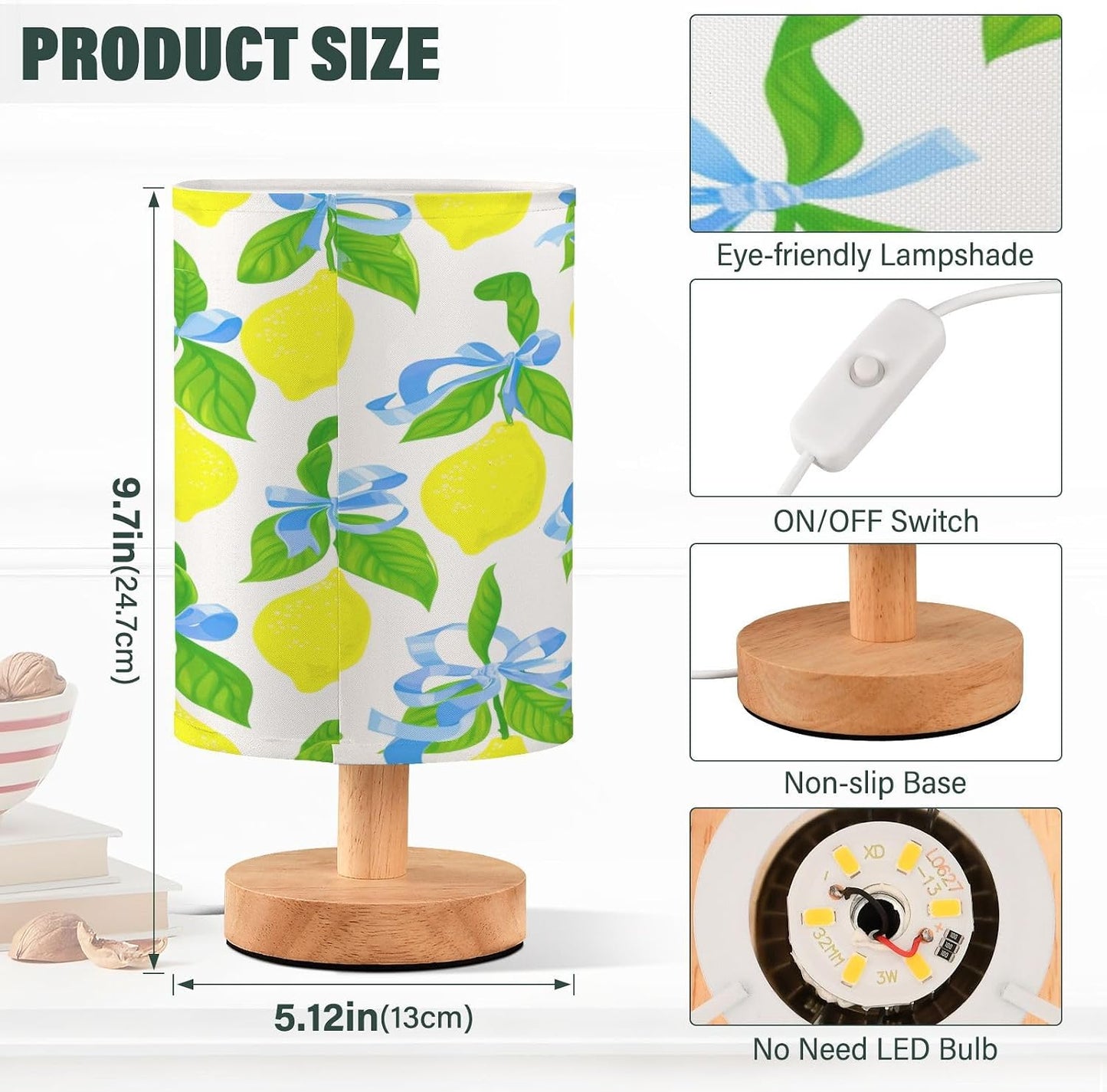 Yellow Lemons Bedside Table Lamp Nightstand Lamps with USB Charging Port 5.12x9.7in Desk Lamp for Living Room Bedrooms Home Office