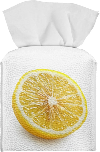 Lemon Tissue Box Cover Farmhouse Square Tissue Organizer Waterproof PU Leather Tissue Box Holder for Bathroom Living Room Kitchen White