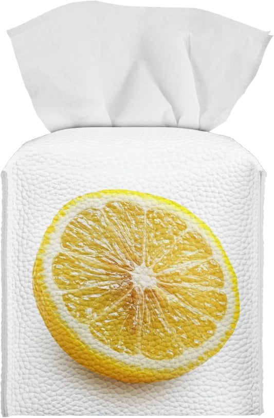 Lemon Tissue Box Cover Farmhouse Square Tissue Organizer Waterproof PU Leather Tissue Box Holder for Bathroom Living Room Kitchen White