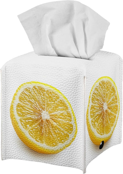 Lemon Tissue Box Cover Farmhouse Square Tissue Organizer Waterproof PU Leather Tissue Box Holder for Bathroom Living Room Kitchen White