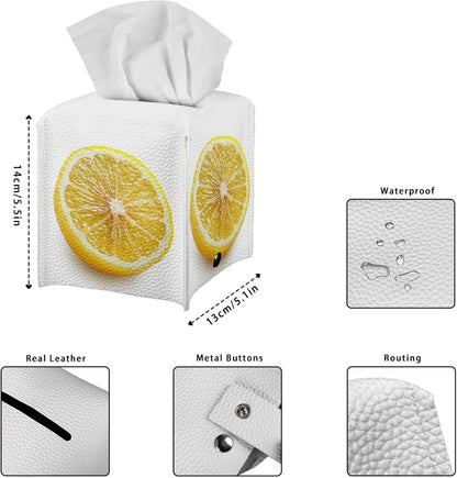 Lemon Tissue Box Cover Farmhouse Square Tissue Organizer Waterproof PU Leather Tissue Box Holder for Bathroom Living Room Kitchen White