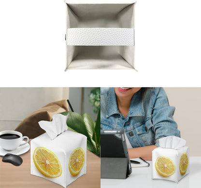 Lemon Tissue Box Cover Farmhouse Square Tissue Organizer Waterproof PU Leather Tissue Box Holder for Bathroom Living Room Kitchen White