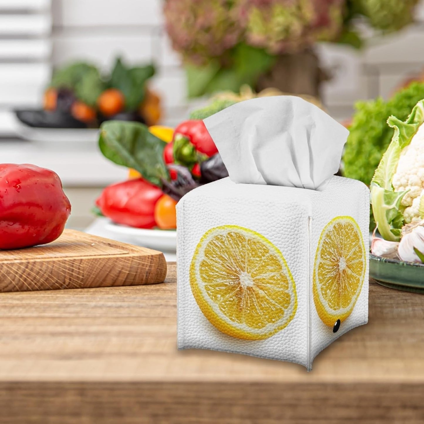 Lemon Tissue Box Cover Farmhouse Square Tissue Organizer Waterproof PU Leather Tissue Box Holder for Bathroom Living Room Kitchen White