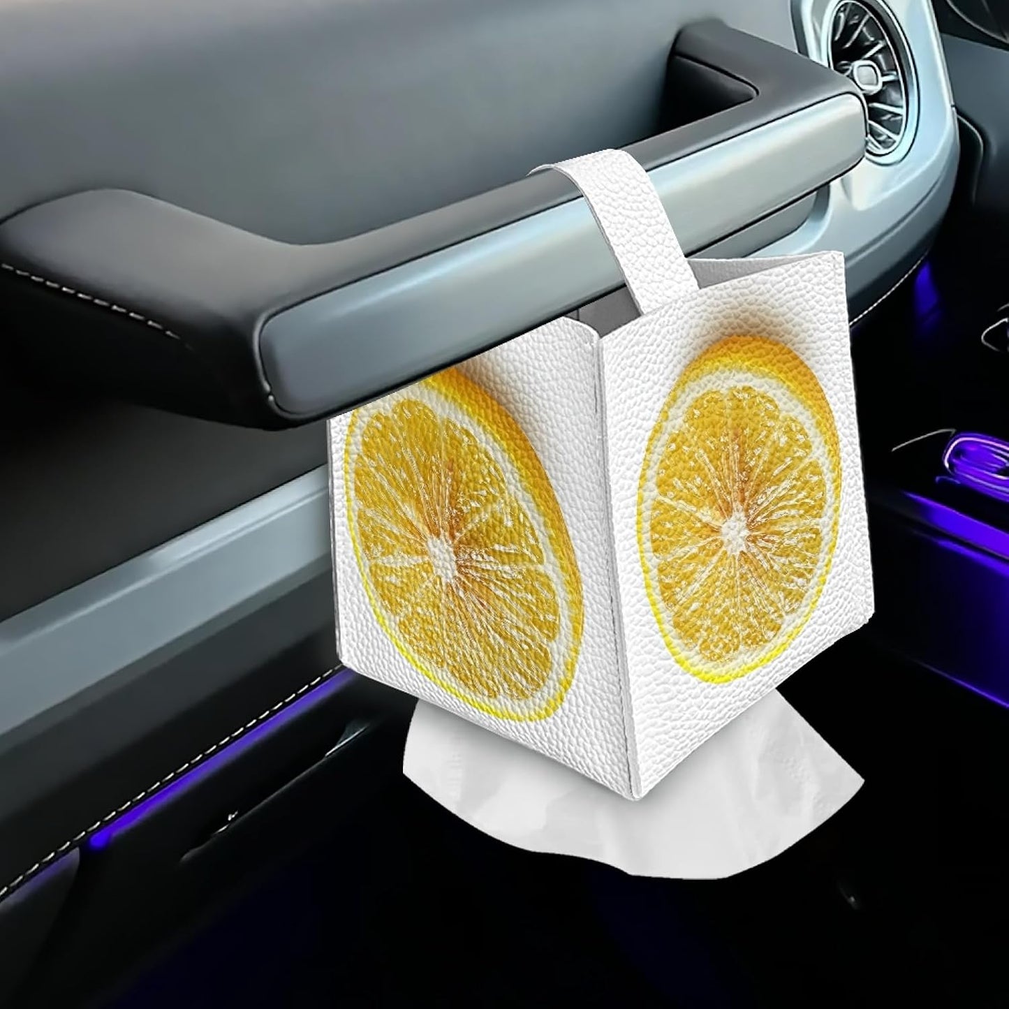 Lemon Tissue Box Cover Farmhouse Square Tissue Organizer Waterproof PU Leather Tissue Box Holder for Bathroom Living Room Kitchen White
