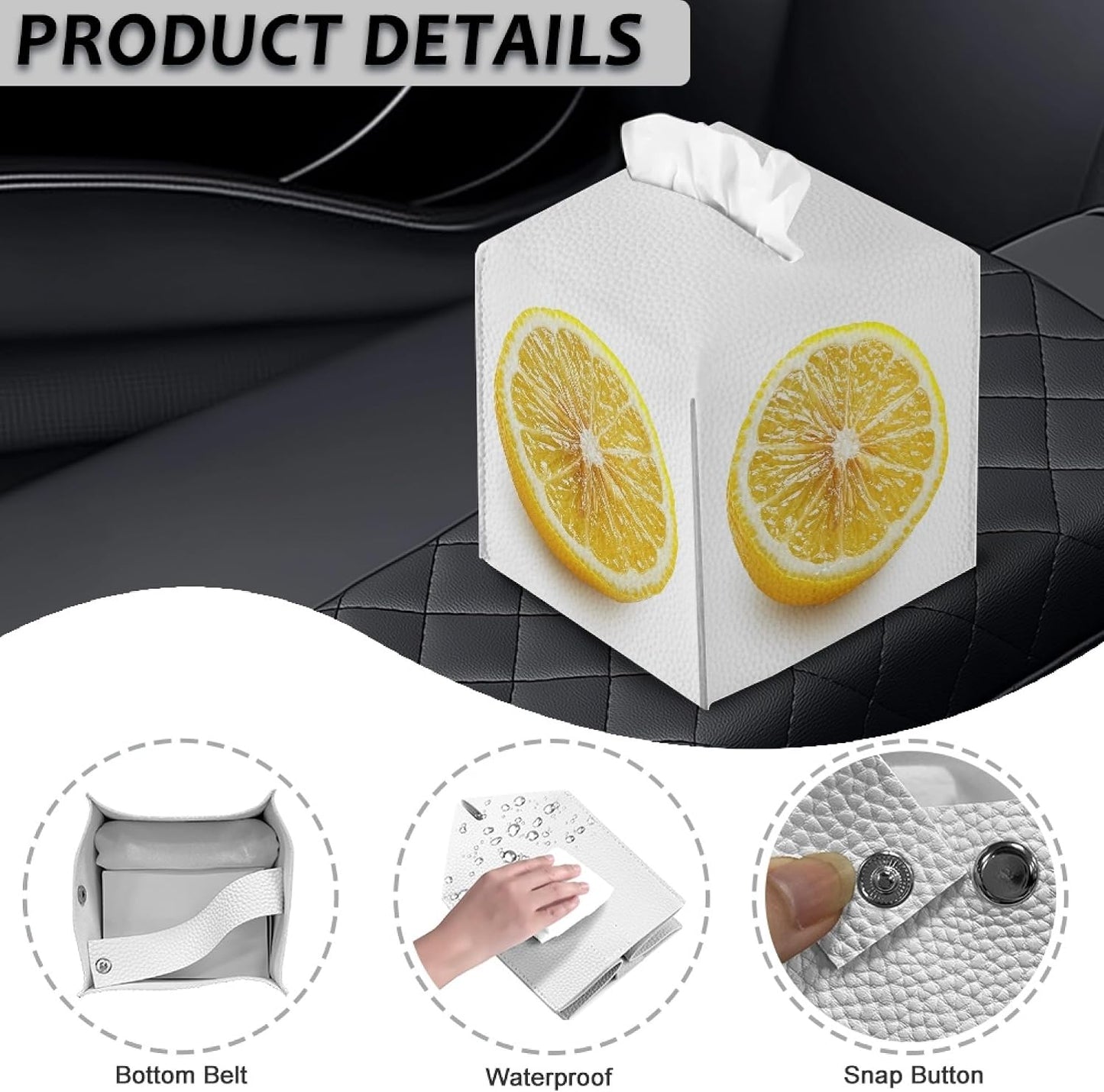 Lemon Tissue Box Cover Farmhouse Square Tissue Organizer Waterproof PU Leather Tissue Box Holder for Bathroom Living Room Kitchen White