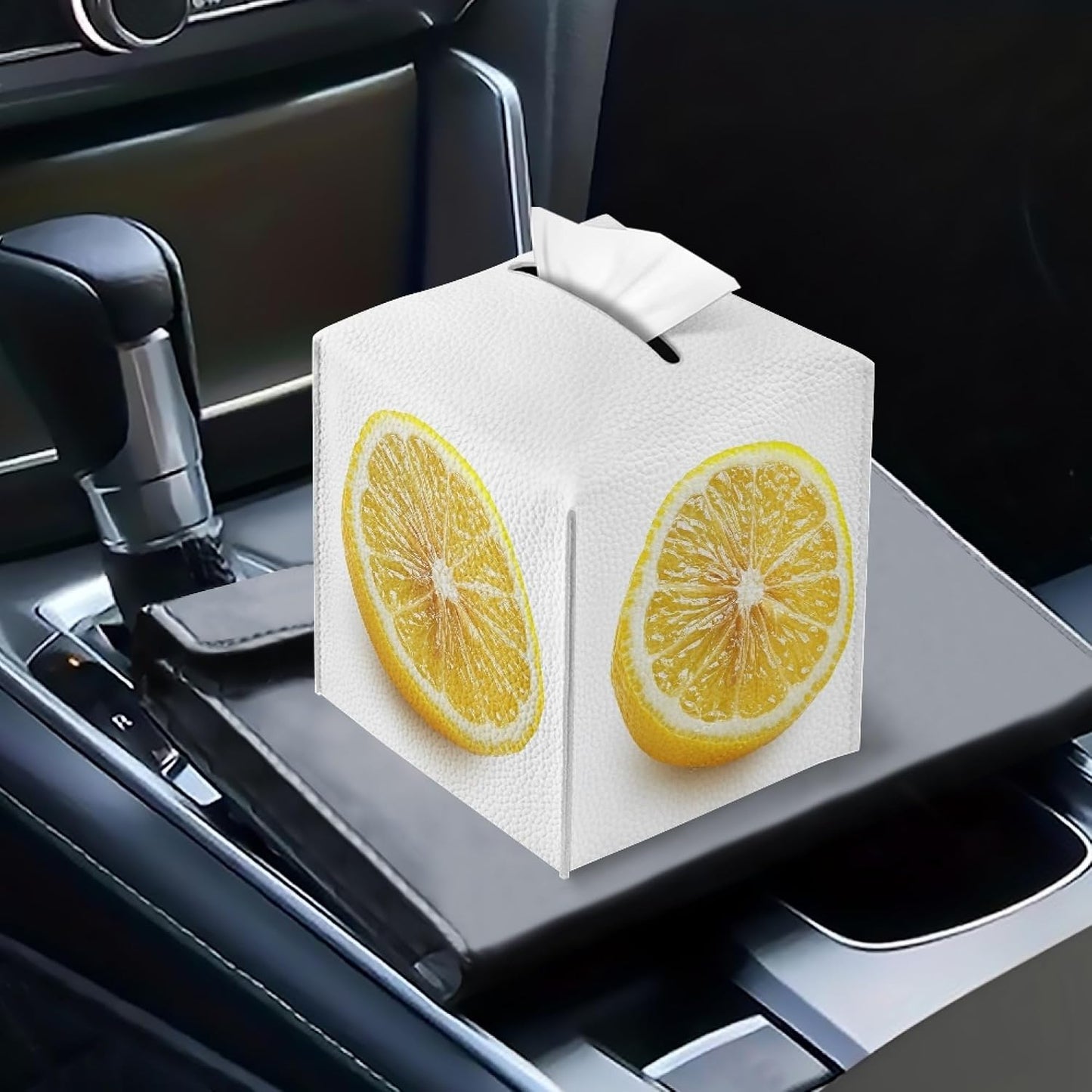 Lemon Tissue Box Cover Farmhouse Square Tissue Organizer Waterproof PU Leather Tissue Box Holder for Bathroom Living Room Kitchen White