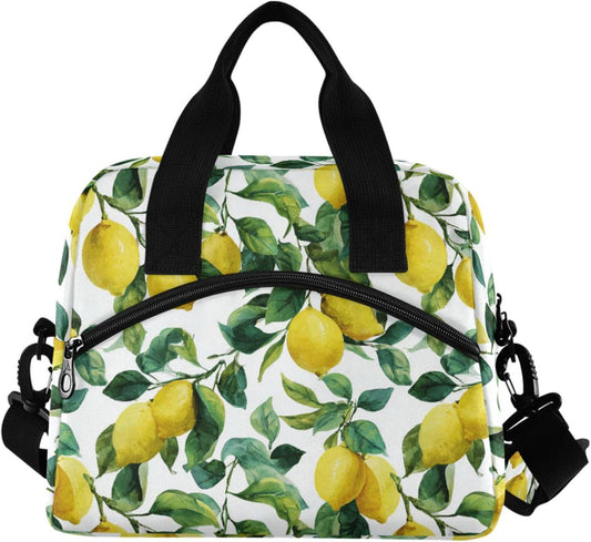 Lemon Lunch Box Summer Lime Leaves Lunch Bag Insulated Freezable Tropical Fruits Lunch Tote Kit Thermal Cooler for Office Picnic Travel Portable Reusable Handbag